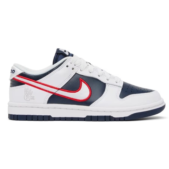 Nike Shoes - Nike White and Dark blue dunk Sneakers with Red Swoosh